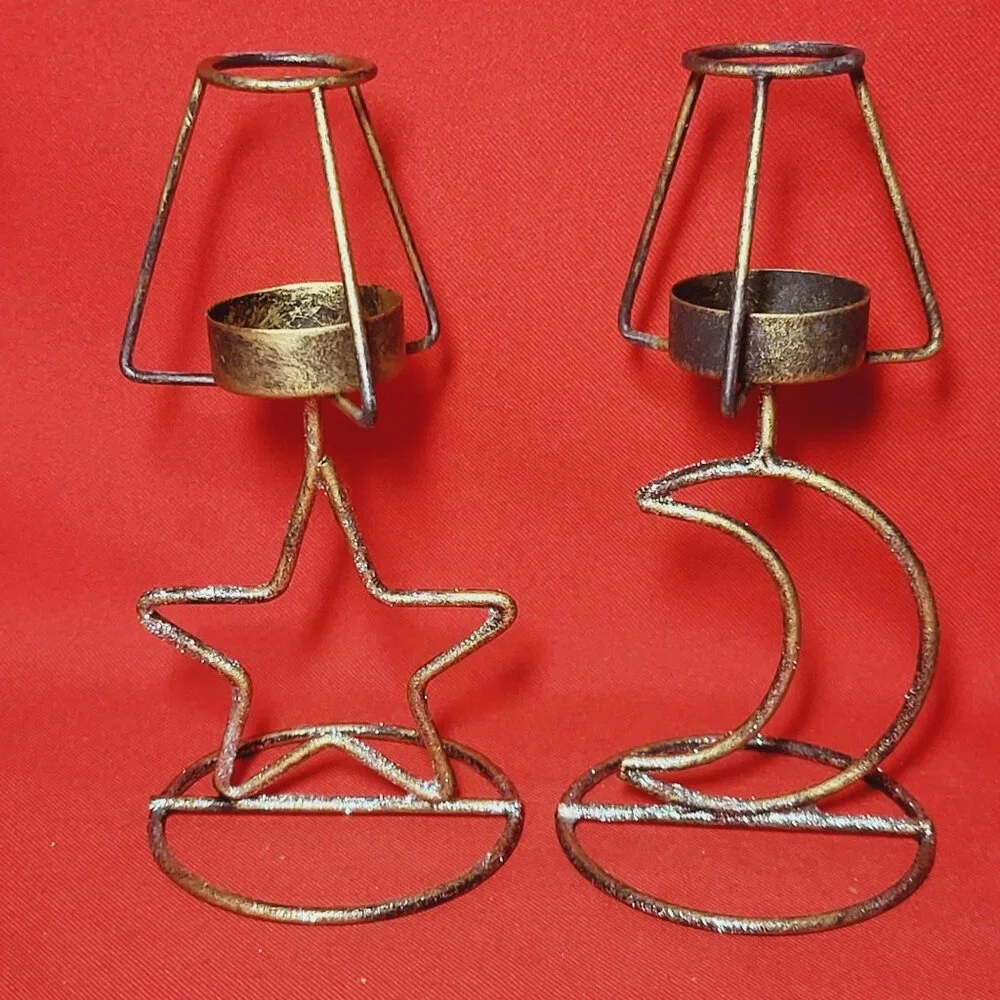Metal Star Moon Tea Light Candle Holder Set of 2